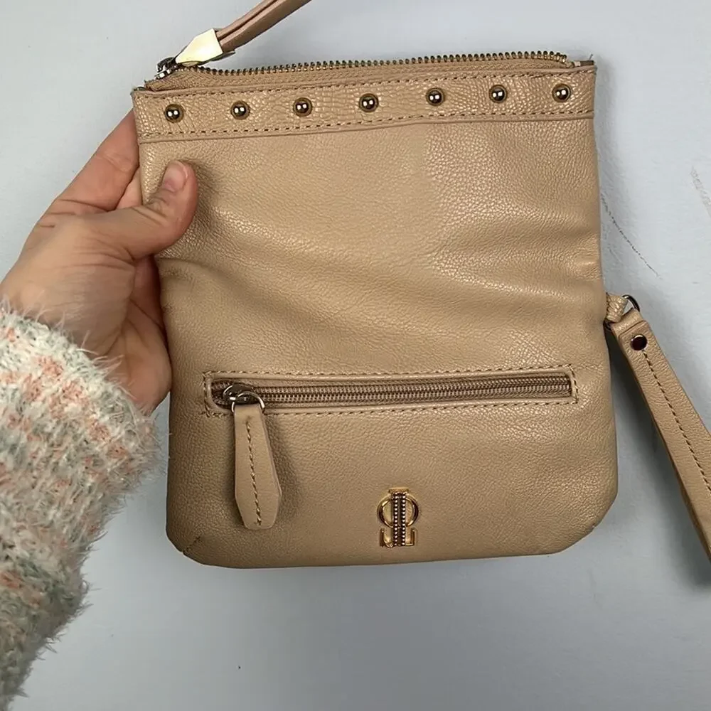 💜J Lo tan embellished zippered fold over clutch